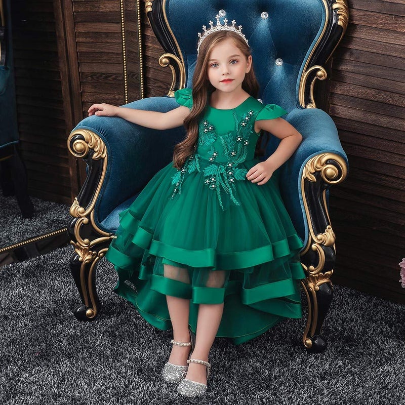 HIHCBF Little Big Girls Flower High Low Tulle Dress Princess Wedding Pageant Birthday Party Formal Evening Dance Ball Gown Deep Green 3-4T - Image 4